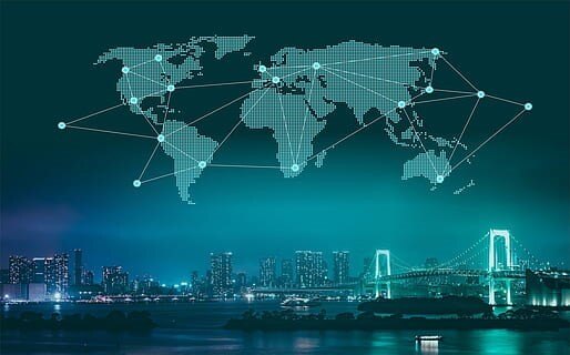 A map of the world over a city__Description automatically generated